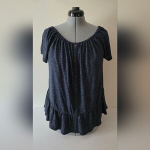 Lucky Brand Women’s 1X Navy Blue Short Sleeve Button Front Top Peplum Hem